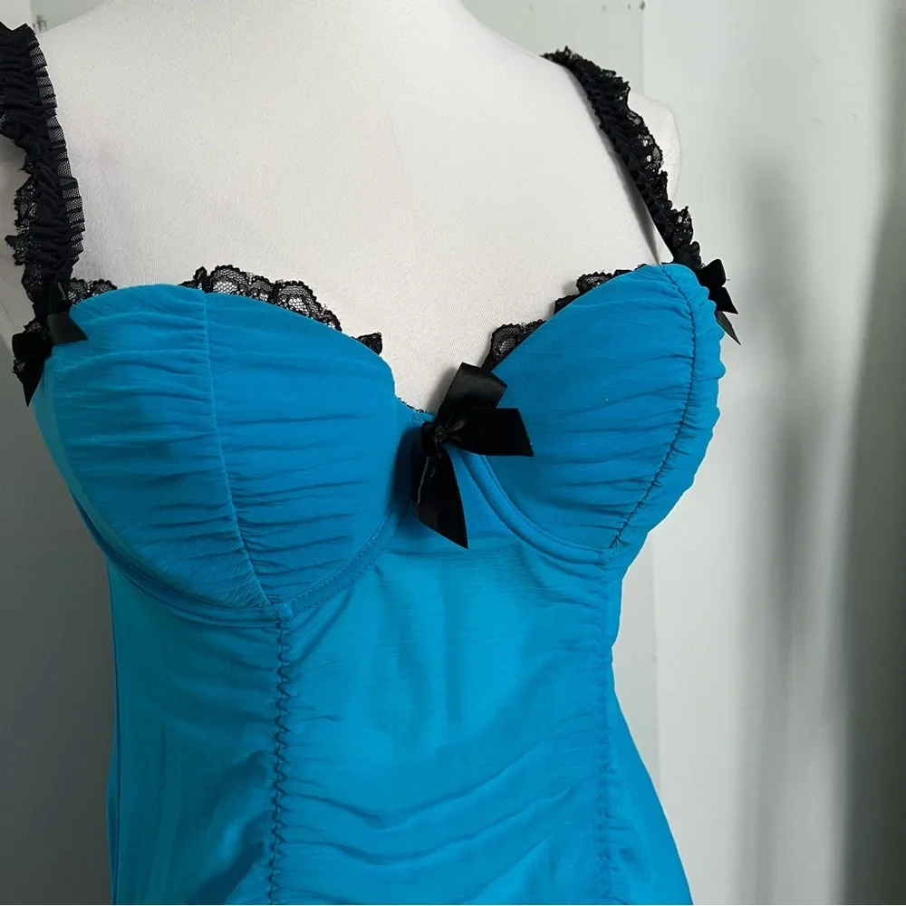 Vintage Y2K Turquoise Babydoll Chemise Lingerie Black Lace Bow Trim M - Picture 4 of 6